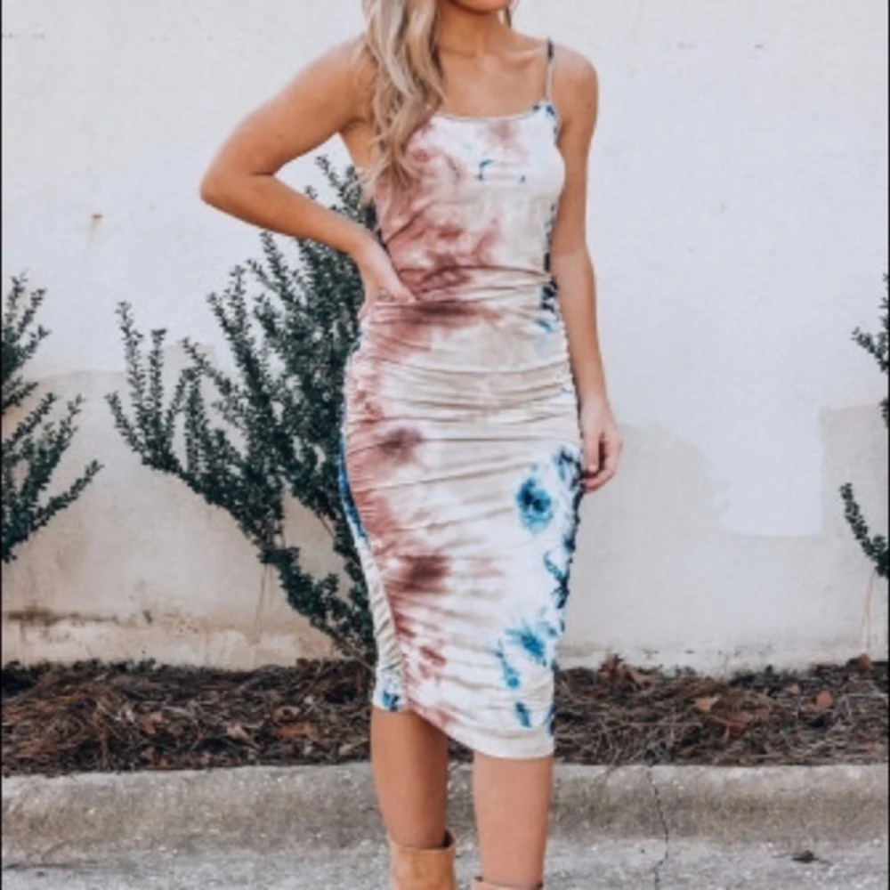 Tie Dye Bodycon Midi Dress Spaghetti Strap Ruched Stretch Slim Fit NWT